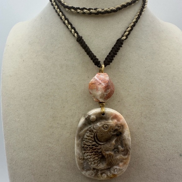 Jewelry - Handcrafted Coral Fossil Jade Fish Carving Pendant Necklace on Adjustable Rope